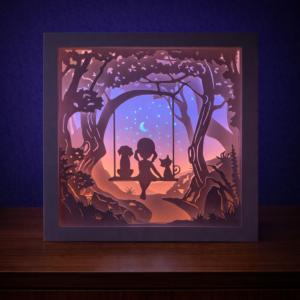 Meisje met hond en kat op de schommel